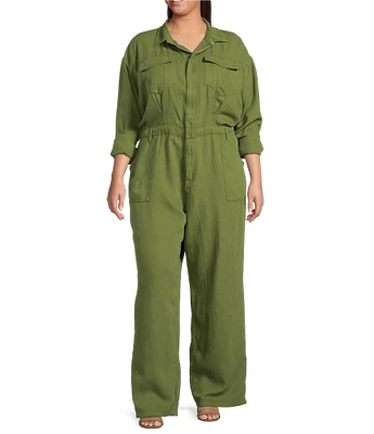 Good American Plus Size Lite Linen Oversized Collar Neckline Long Sleeve Jumpsuit