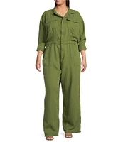 Good American Plus Size Lite Linen Oversized Collar Neckline Long Sleeve Jumpsuit