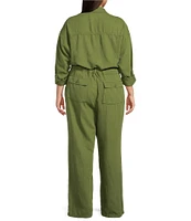 Good American Plus Size Lite Linen Oversized Collar Neckline Long Sleeve Jumpsuit