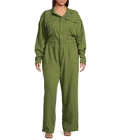 Good American Plus Size Lite Linen Oversized Collar Neckline Long Sleeve Jumpsuit