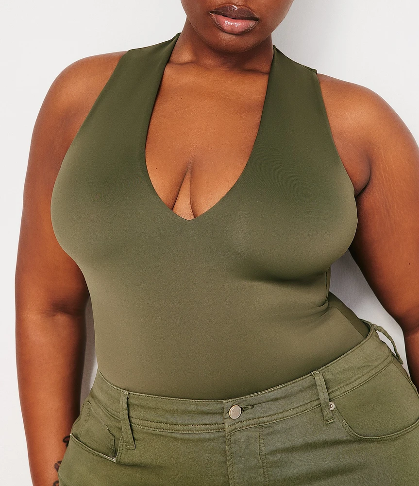 Good American Plus Size Scuba Knit Deep V-Neck Sleeveless Bodysuit