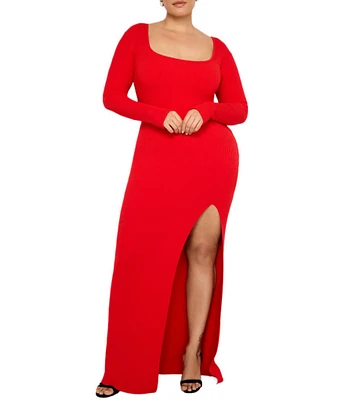 Good American Plus Size Virgo Stretch Rib Knit Square Neck Long Sleeve Bodycon Maxi Dress