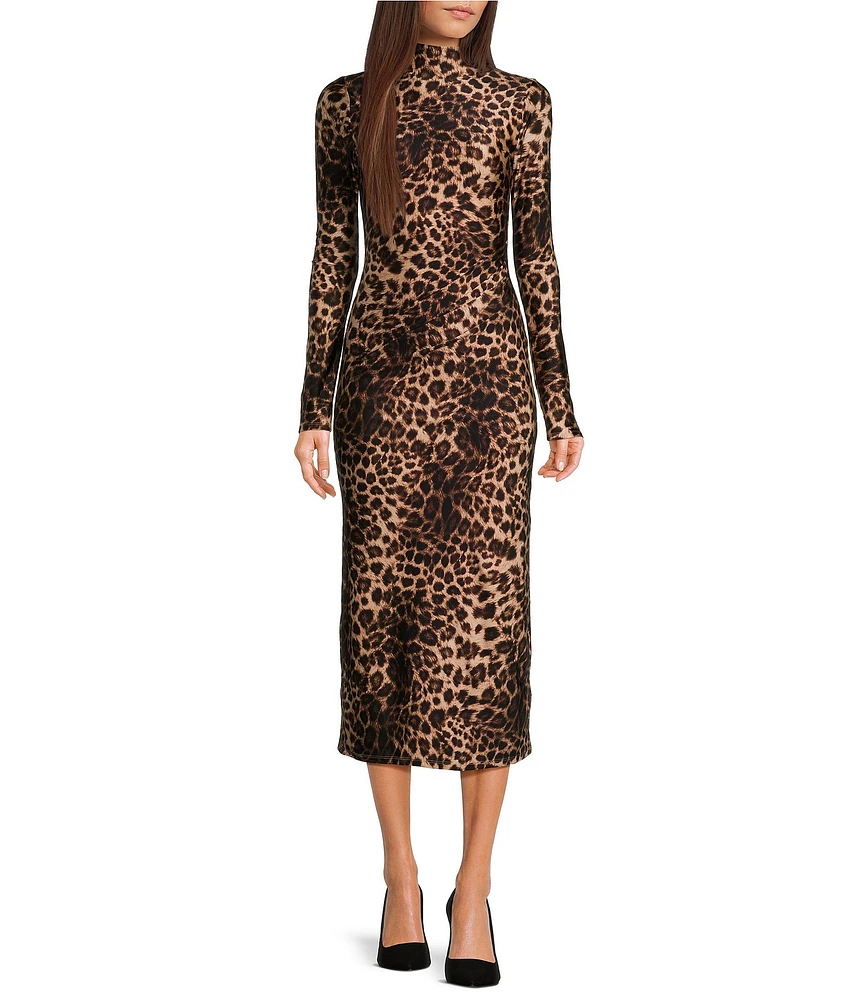 Good American Leopard Print Satin Shine Mock Neck Long Sleeve Dress