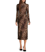 Good American Leopard Print Satin Shine Mock Neck Long Sleeve Dress