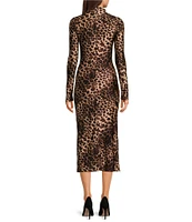 Good American Leopard Print Satin Shine Mock Neck Long Sleeve Dress