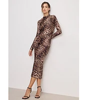 Good American Leopard Print Satin Shine Mock Neck Long Sleeve Dress