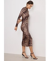 Good American Leopard Print Satin Shine Mock Neck Long Sleeve Dress