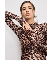 Good American Leopard Print Satin Shine Mock Neck Long Sleeve Dress