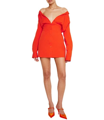 Good American Stretch Poplin Button Front Long Sleeve Shirt Dress