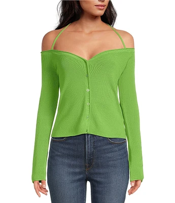 Good American Stretch Rib Knit Off-The-Shoulder Long Sleeve Top