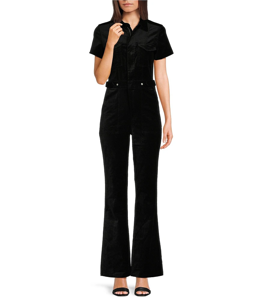 Good American Velvet Fit For Success Point Collar Neck Short Sleeve Bootcut Jumpsuit