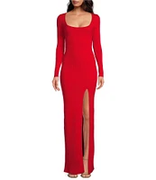 Good American Virgo Stretch Rib Knit Square Neck Long Sleeve Bodycon Maxi Dress