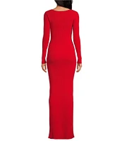 Good American Virgo Stretch Rib Knit Square Neck Long Sleeve Bodycon Maxi Dress