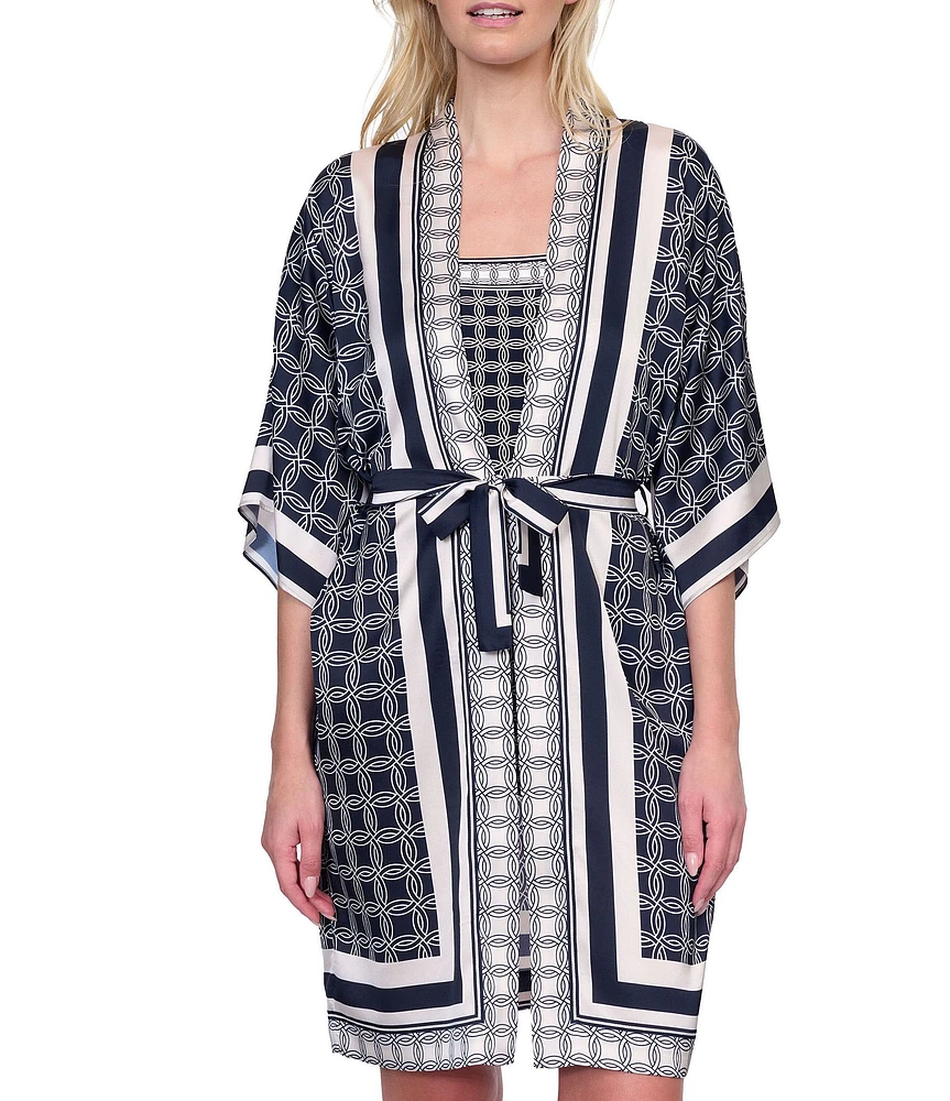 Gottex Bali Geometric Print 3/4 Flutter Sleeves Tie Belt Open Front Kimono Swim Cover-Up