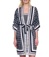 Gottex Bali Geometric Print 3/4 Flutter Sleeves Tie Belt Open Front Kimono Swim Cover-Up