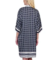 Gottex Bali Geometric Print 3/4 Flutter Sleeves Tie Belt Open Front Kimono Swim Cover-Up