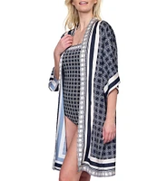 Gottex Bali Geometric Print 3/4 Flutter Sleeves Tie Belt Open Front Kimono Swim Cover-Up