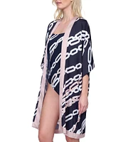 Gottex Bejeweled Chain Print Flutter Sleeve Tie Belt Kimono Swim Cover-Up