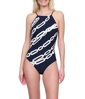 Gottex Bejeweled Chain Print High Neck Tummy Control Halter Tank One Piece Swimsuit