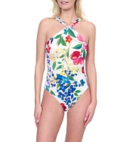 Gottex Garden Dream High Neck Twist Halter Tummy Control One Piece Swimsuit