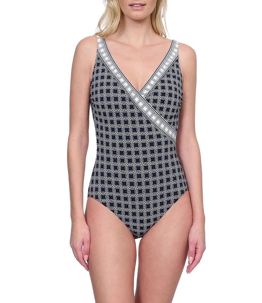 Gottex Golden Chic Geometric Print Surplice V-Neck Tummy Control One Piece Swimsuit