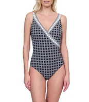 Gottex Golden Chic Geometric Print Surplice V-Neck Tummy Control One Piece Swimsuit