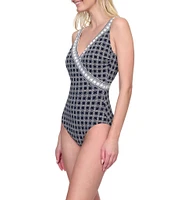 Gottex Golden Chic Geometric Print Surplice V-Neck Tummy Control One Piece Swimsuit