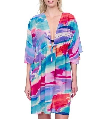 Gottex Palma De Mallorca Plunge V-Neck Tie Waist Swim Cover-Up Dress