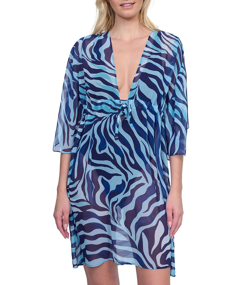 Gottex Semi-Sheer Animal Print V-Neck Self Tie Belt Swim Cover-Up Dress