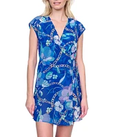 Gottex Semi Sheer Floral Print Surplice V-Neck Cap Sleeve Tie Waist Wrap Dress Swim Cover-Up