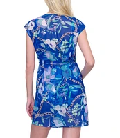 Gottex Semi Sheer Floral Print Surplice V-Neck Cap Sleeve Tie Waist Wrap Dress Swim Cover-Up