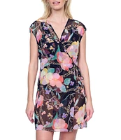 Gottex Semi Sheer Floral Print Surplice V-Neck Cap Sleeve Tie Waist Wrap Dress Swim Cover-Up