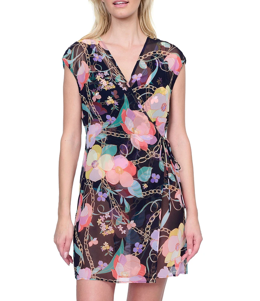 Gottex Semi Sheer Floral Print Surplice V-Neck Cap Sleeve Tie Waist Wrap Dress Swim Cover-Up