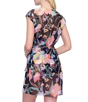 Gottex Semi Sheer Floral Print Surplice V-Neck Cap Sleeve Tie Waist Wrap Dress Swim Cover-Up