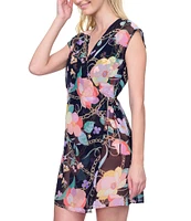 Gottex Semi Sheer Floral Print Surplice V-Neck Cap Sleeve Tie Waist Wrap Dress Swim Cover-Up