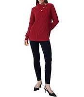 Greige Button Front Folder Over Neckline Long Sleeve Sweater