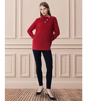 Greige Button Front Folder Over Neckline Long Sleeve Sweater