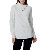 Greige Button Front Folder Over Neckline Long Sleeve Sweater