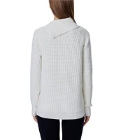 Greige Button Front Folder Over Neckline Long Sleeve Sweater