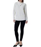 Greige Button Front Folder Over Neckline Long Sleeve Sweater