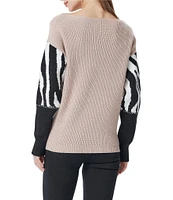 Greige Crew Neckline Long Sleeve Color Block Animal Sweater