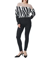 Greige Crew Neckline Long Sleeve Color Block Animal Sweater