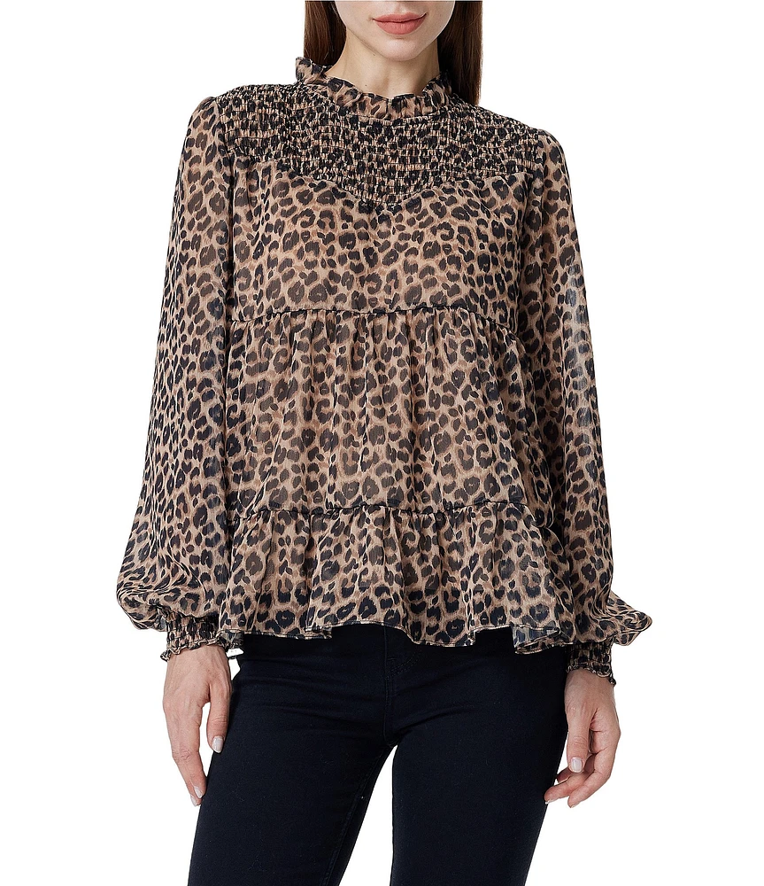 Greige Leopard Print Smocked Mock Neck Long Sleeve Blouse