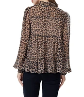 Greige Leopard Print Smocked Mock Neck Long Sleeve Blouse