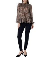 Greige Leopard Print Smocked Mock Neck Long Sleeve Blouse