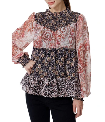 Greige Mixed Print Smocked Mock Neck Long Sleeve Blouse