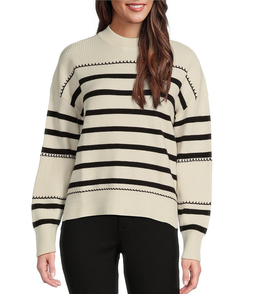 Greige Stripe Stand Neck Long Sleeve Sweater