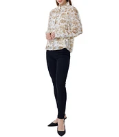 Greige Woven Printed Collared Long Sleeve Button Down Top