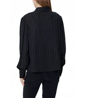 Greige Woven Striped Collared Long Sleeve Top