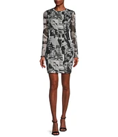 Guess Adrianna Collage Printed Long Sleeve Mesh Sheath Dress